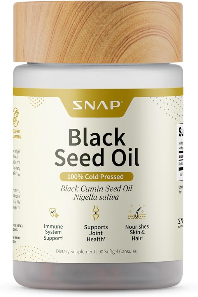 Snap Supplements Black Seed Oil Capsules – 100% Cold Pressed Organic Nigella Sativa – Supports Immune Health Detox Skin Hair Joints &amp Overall Wellness – 90 Softgels