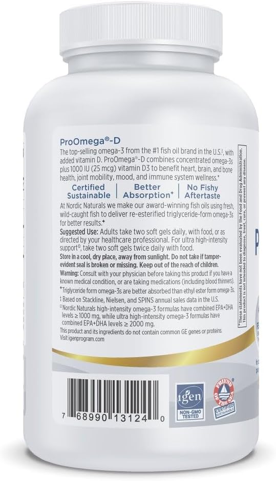 Nordic Naturals ProOmega-D Lemon Flavor - 120 Soft Gels - 1280 mg Omega-3 + 1000 IU D3 - High-Potency Fish Oil - EPA &amp DHA - Brain Eye Heart &amp Immune Health - Non-GMO - 60 Servings