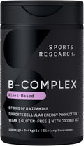Sports Research® Vitamin B-Complex - Full Spectrum of B Vitamins with Methylated B12 &amp Folate - Gluten Free · Plant-Based · Non-GMO · Vegan-Friendly Formula - 120 Veggie Softgels