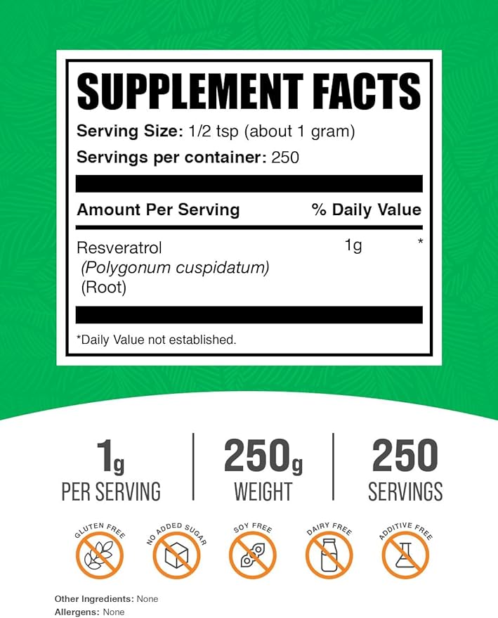 BulkSupplements.com Resveratrol Powder - Resveratrol Supplement from Polygonum Cuspidatum - Antioxidant Gluten Free 1g per Serving 250g (8.8 oz) (Pack of 1)