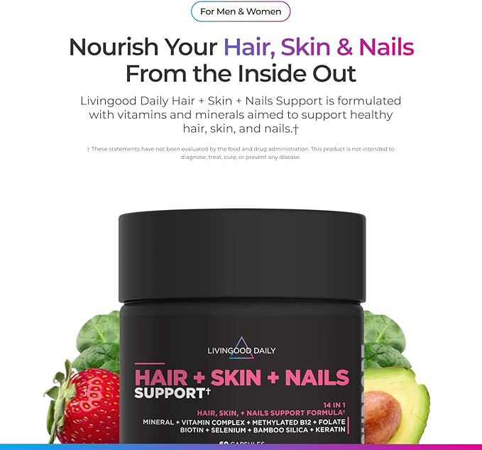 Livingood Daily Hair Skin &amp Nails Supplement 14-in-1 Formula with Biotin Collagen Keratin Bamboo Selenium Folate B12 Zinc and More Beauty Supplement for Women &amp Men Gluten Free 60