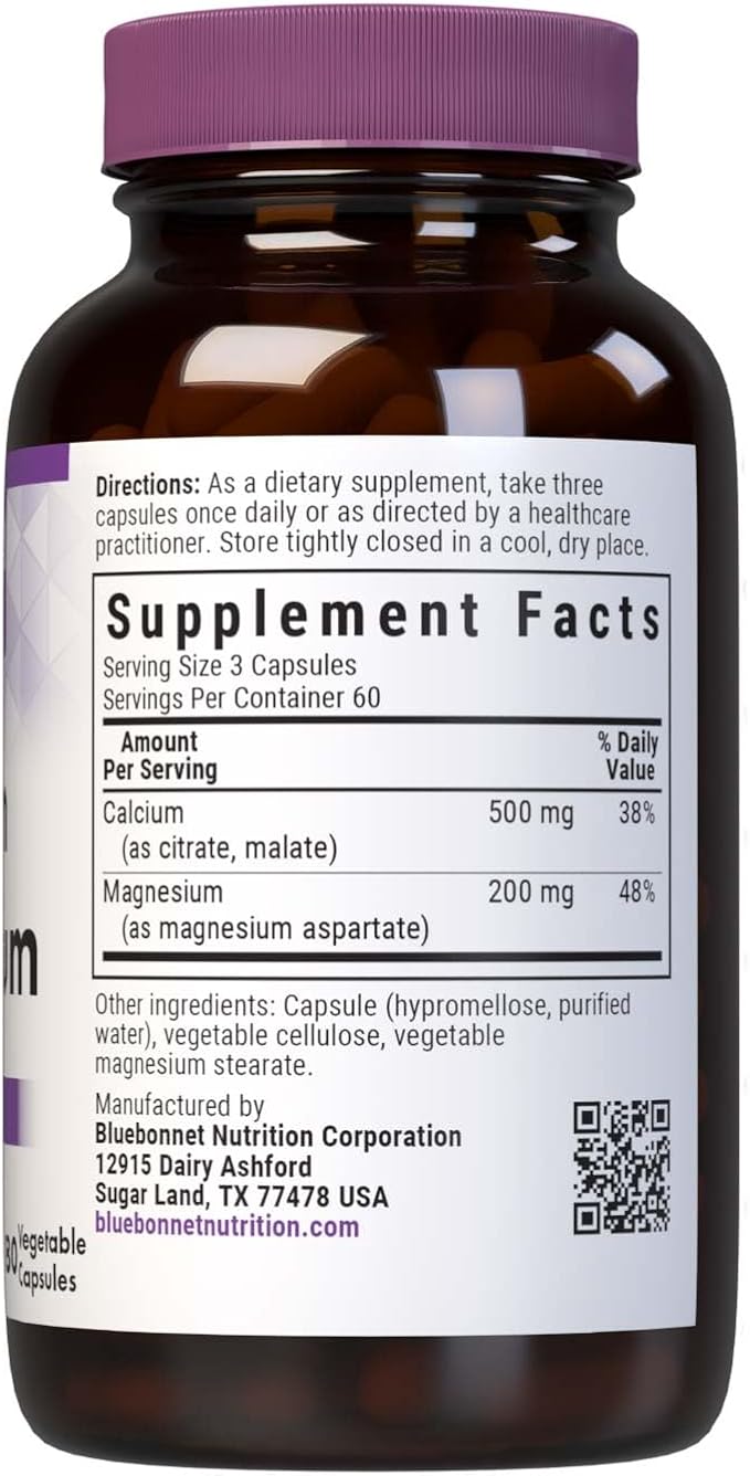 Bluebonnet Nutrition Calcium &amp Magnesium Bone Health* Soy-Free Gluten-Free Non-GMO Vegan Kosher Parve 180 Vegetable Capsules 60 Servings