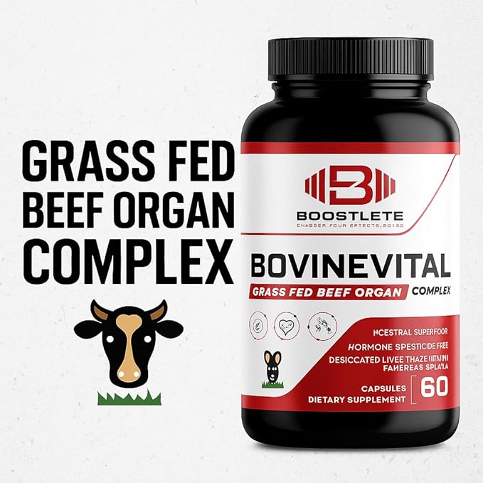 BovineVital Grass-Fed Beef Organ Supplement - Liver Heart Kidney Pancreas &amp Spleen – Natural Energy Digestion Immune &amp Cognitive Support – Non-GMO Hormone-Free – 120 Capsules