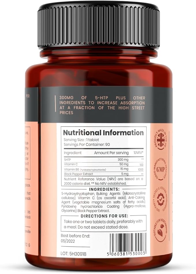 High Absorption 5HTP 300mg x 90 Tablets - 3 Months Supply. with Vitamin C B6 and Black Pepper Extract