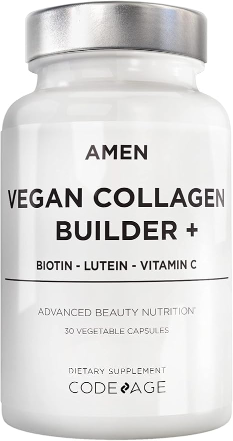 Amen Plant-Based Vegan Collagen Builder Supplement - Organic Whole Foods Lutein Vitamin C Biotin Lysine Proline Collagen Boosters - Organic Cranberry Lemon Strawberry - Once A Day - 30 Capsules