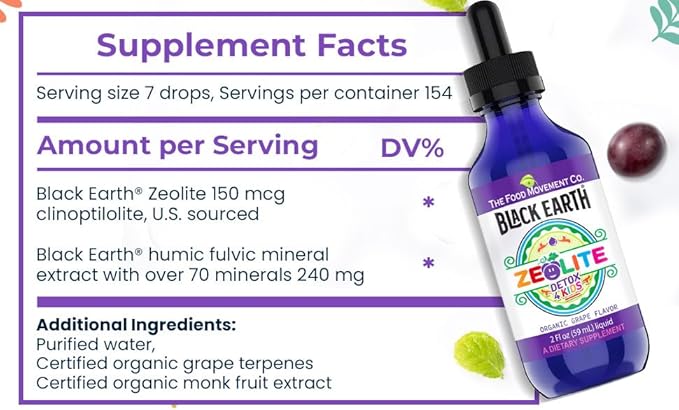 The Food Movement - Zeolite Detox for Kids Organic Grape Flavor - Gentle Zeolite Liquid with Black Earth Humic and Fulvic Acid Supports Natural Detoxification (2 oz Dropper)