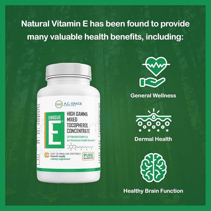 UNIQUE E A.C. Grace Company Mixed Tocopherols 120 Soft Gels Supports Healthy Brain Function General Health and Aging Support All-Natural Vitamin E and Kosher