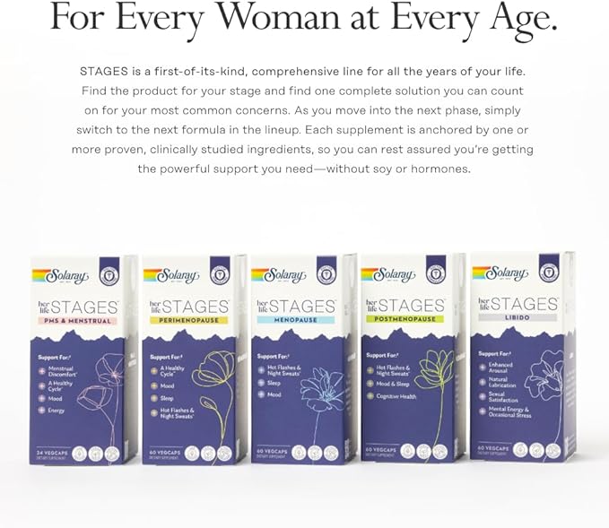 SOLARAY Menopause her Life Stages - Menopause Supplements for Women - Supports Mood Sleep Hot Flashes Night Sweats - Vegan Gluten Free - 60-Day Guarantee - 30 Servings 60 VegCaps