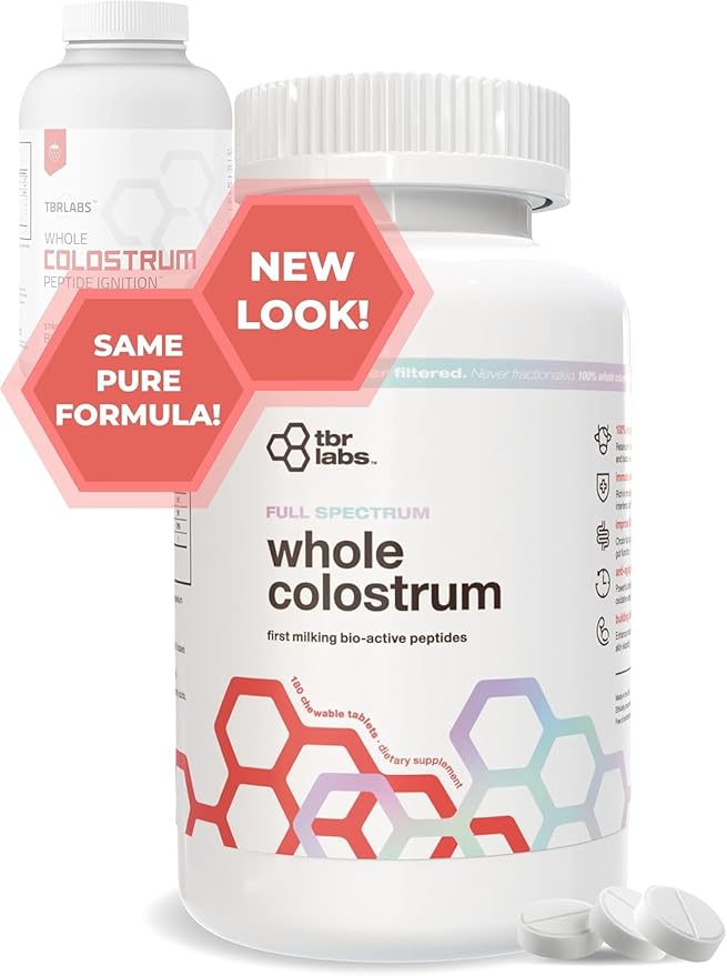 Bovine Colostrum Powder Grass Fed Gut Health Bloating Immunity Skin &amp Hair 400+ Bioactive Nutrients Potent Bioavailable - Strawberries &amp Cream - 180 Tablets (90 Servings)