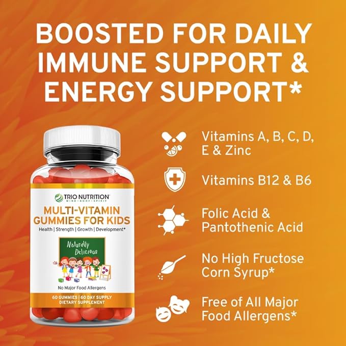 TRIO NUTRITION Premium Kids Multivitamin Gummies with Vitamin C &amp Zinc for Immune &amp Energy Support | Complete Daily Essential Vitamins to Grow Up Strong| Pectin Animal-Free Allergen-Free*