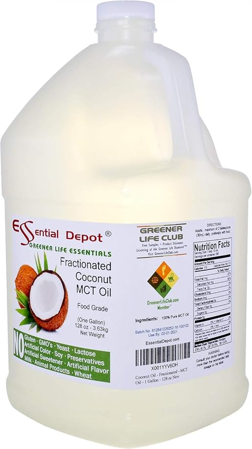 Coconut Oil - Fractionated - MCT (medium-chain triglycerides) - 1 Gallon (128 oz) - liquid - Food Grade - Safety Sealed Resealable HDPE Container Microwave Safe (remove foil seal) Freezer Safe