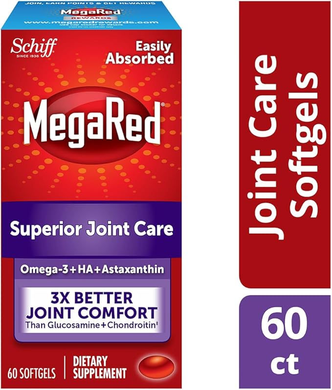 Omega-3 Krill Oil and Joint Supplement - Megared Joint Care 60 softgels - EPA/DHA fatty acids Antioxidants Hyaluronic acid No fishy burp aftertaste as with Fish Oil