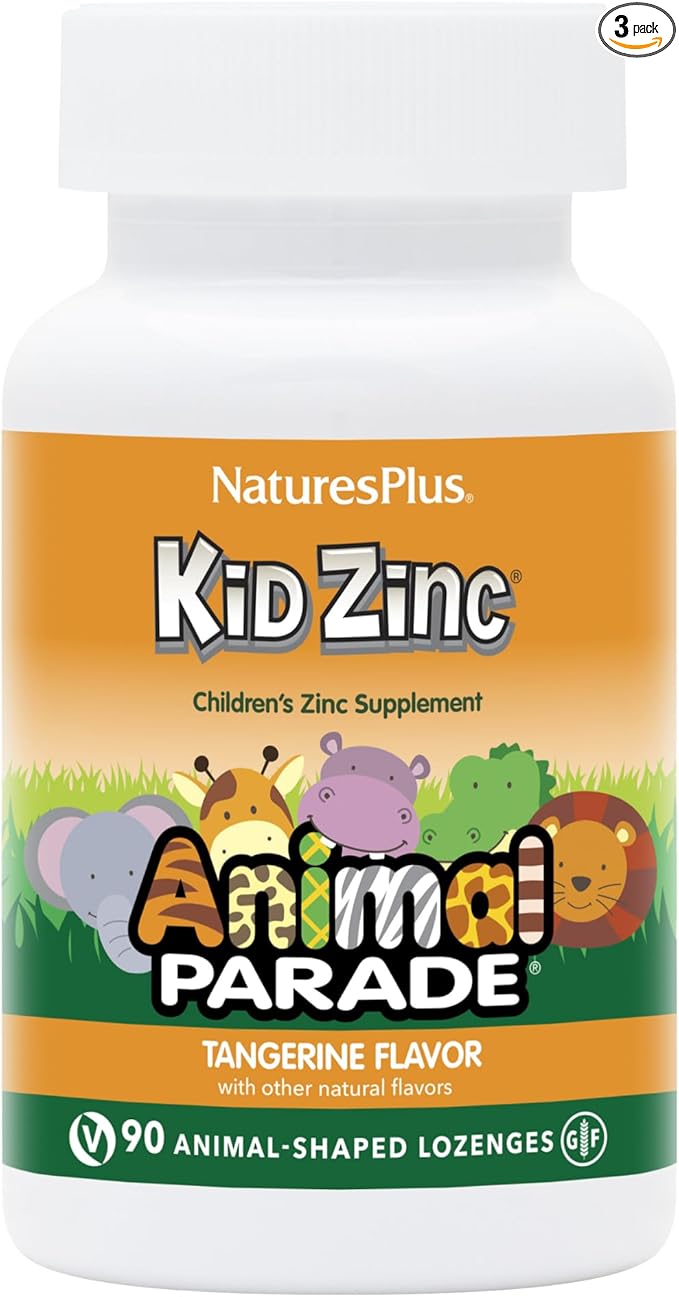 NaturesPlus Animal Parade KidZinc Tangerine Flavor - 90 Animal-Shaped Lozenges Pack of 3 - Organically Chelated Zinc - Vegan Gluten Free - 270 Total Servings