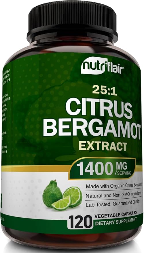 NutriFlair Organic Citrus Bergamot 1400mg 120 Capsules - 25:1 Bergamia - Essential Oil and Citrus Bioflavonoids - Natural Heart Health Supplements for Women and Men - Non-GMO Pills