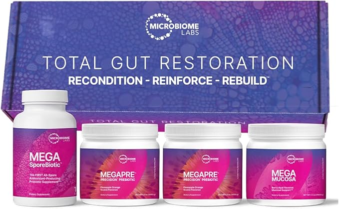 Microbiome Labs Total Gut Restoration Kit (Powder) - 3-Product Gut Health Spore Based Probiotic Prebiotic Powder &amp Mucosal Immunoglobulin + Amino Acids Supplement for Immune GI &amp Digestive H