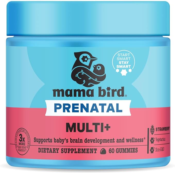 Best Nest Wellness Mama Bird Prenatal Multi Plus - Iron Free Prenatal Care Supplement Supports Brain &amp Digestive Health - Vegan Multivitamin with Methylfolate - Strawberry 60 Gummies (30 Servings