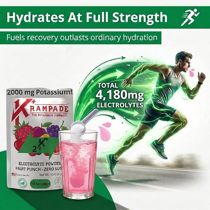 Krampade High Potassium Electrolytes Powder Zero Sugar Fruit Punch 4180mg Electrolytes 2000mg Potassium Cramp Relief &amp Prevention Cellular Hydration Better Endurance &amp Recovery Keto 50