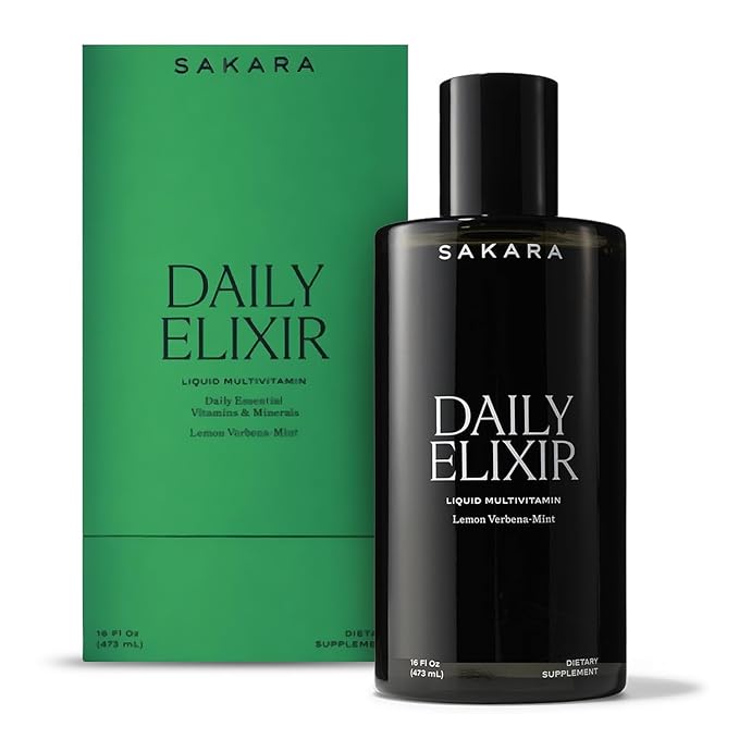 SAKARA Daily Elixir Liquid Multivitamin – High-Absorption Plant-Based Vitamins &amp Minerals for Energy Skin Hair &amp Nail Health with Vitamin E Selenium &amp Folate Sugar-Free Lemon Verbena M