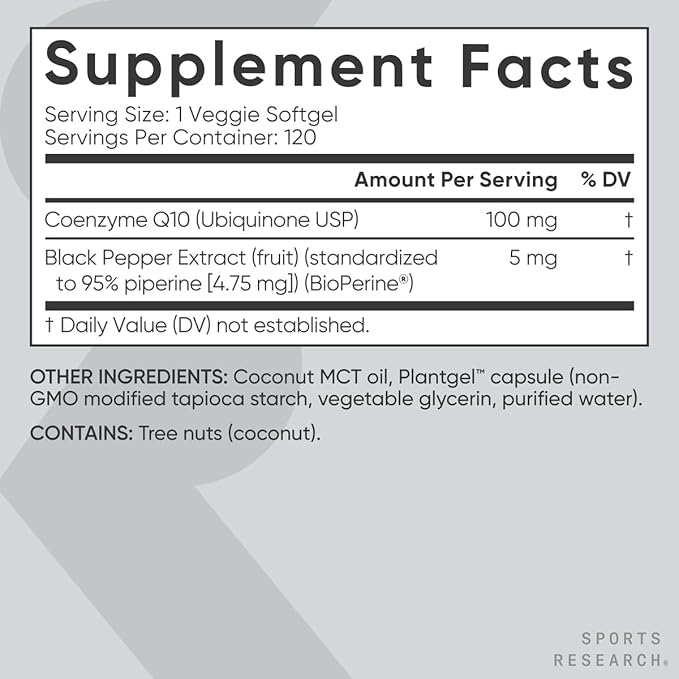 Sports Research CoQ10 (100mg) Enhanced w/Coconut Oil &amp Bioperine (Black Pepper) for Better Absorption | Vegan Certified Non-GMO Verified (120 Veggie Softgels)