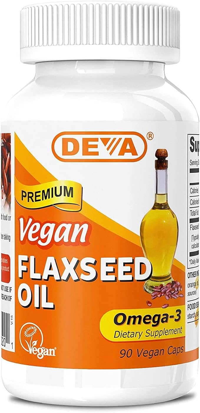 DEVA Organic Vegan Vitamins Flax Seed Oil - Rich in Omega-3 Cold-Pressed &amp Unrefined - 90 Capsules (Pack of 3)