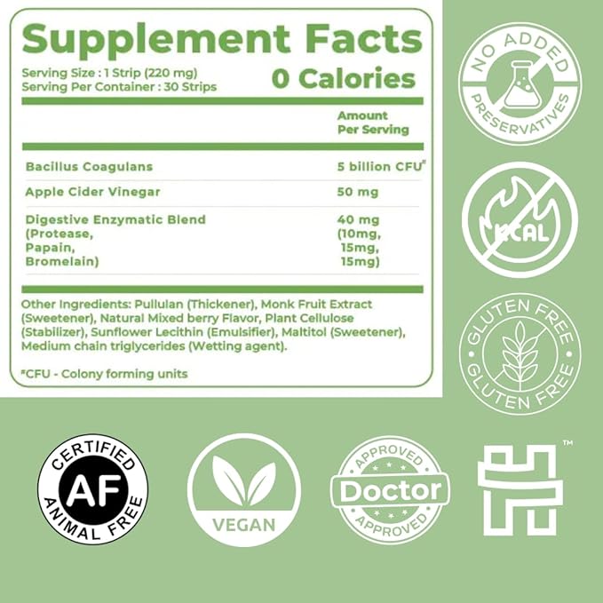 NutriHugs Gut Health Probiotic Oral Strips - Bacillus Coagulans Apple Cider Vinegar Digestive Enzymes | Vegan Sugar-Free Non-GMO | Doctor-Formulated | 30 Dissolving Strips