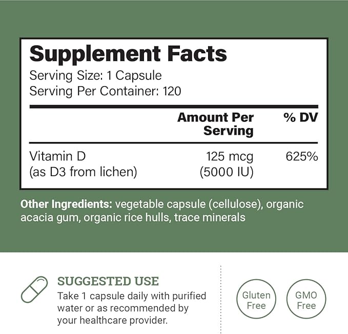 Vegan Vitamin D3 5000 iu Supplement - Pure High Potency Supplements for Immune Health &amp Strong Bones Support - Vitamin D 5000 iu - 120 Capsules 4-Month Supply