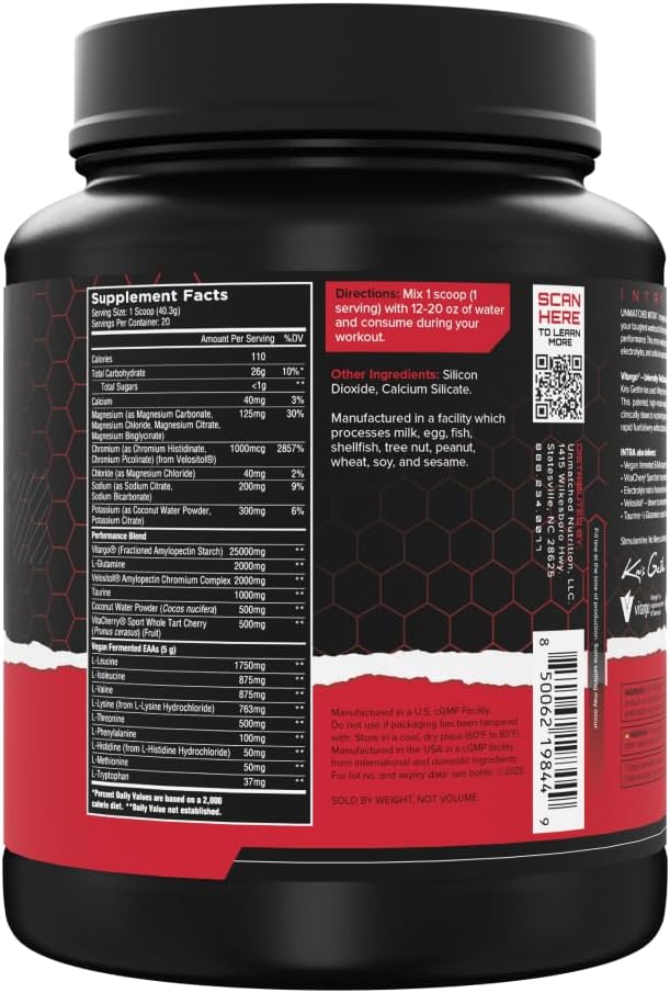 Unmatched Intra Workout Powder | Carbohydrate Electrolyte L-Glutamine &amp Vegan EAA Mix | for Hydration &amp Endurance | Natural Flavors &amp Sweeteners | 20 Servings (Unflavored)