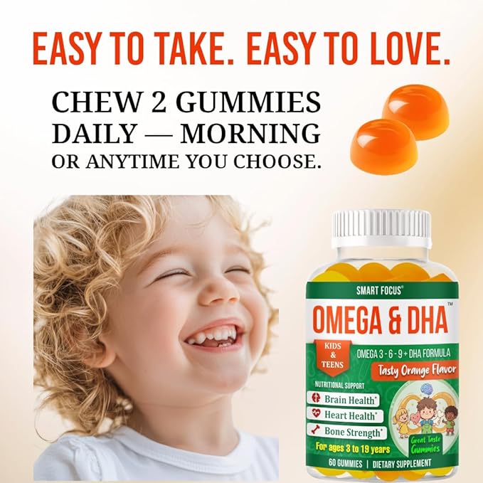 Focus Supplement for Teens &amp Kids – Brain Focus Gummies for Concentration Memory Clarity &amp Attention | Omega DHA Plant-Based 60 Gummies | Teen Brain Vitamins &amp Kids Focus Vitamins – Fish
