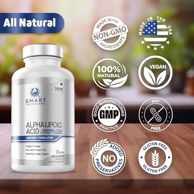 Alpha Lipoic Acid 600mg Per Serving 240 Vegan Capsules- Gluten Free Pure Non-GMO ALA- Supports Energy &amp Anti Oxidant
