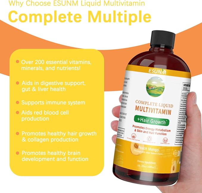ESUNM Complete Liquid Multivitamin + Hair Growth Promotes Energy Metabolism&amp Skin and Hair Function| Vitamin C D | B Vitamins | Help to Thicker Hair Wrinkles Fine Lines Skin Care (16.23 Fl Oz)