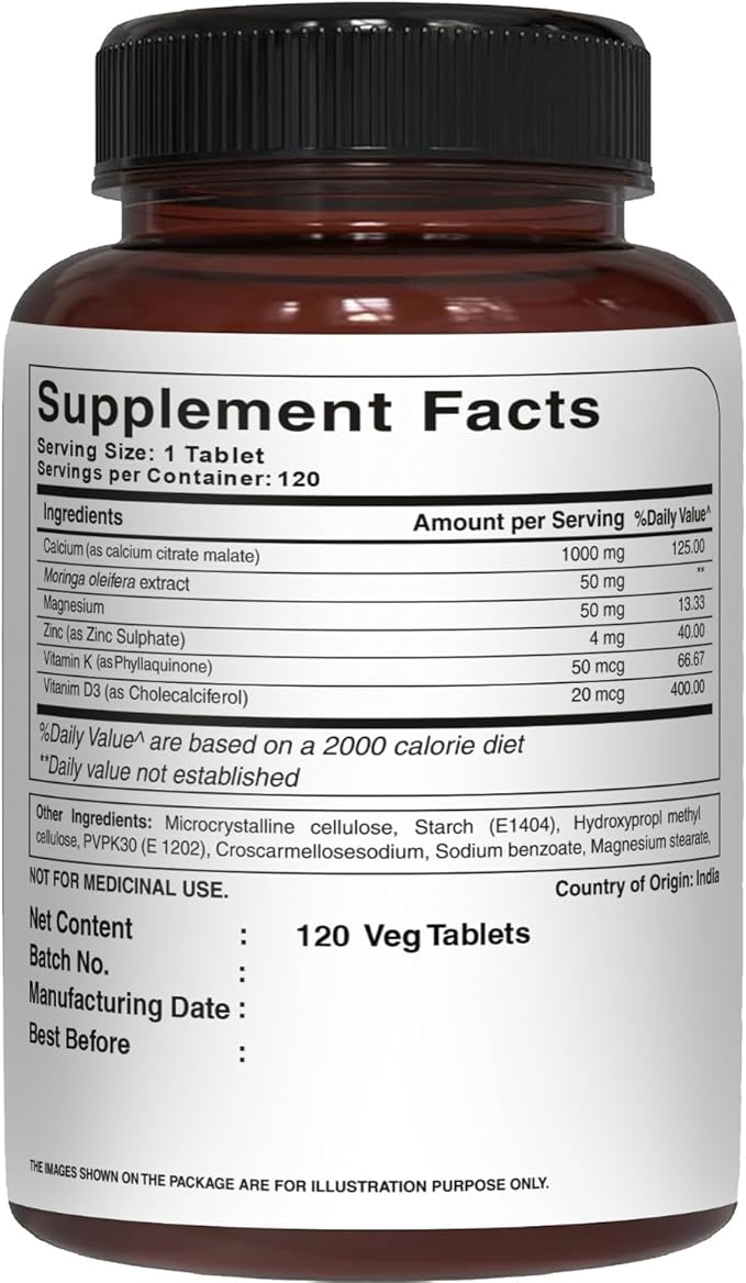 Pure Nutrition Ultra Calcium 1000mg with VIT D3 + K2 | 240 Tabs (120 X Pack of 2) | Calcium Supplement with Calcium Citrate Malate VIT D3 K2 Moringa Oleifera Magnesium and Zinc.