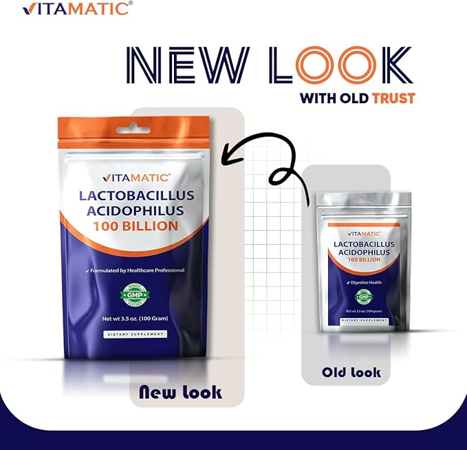 Vitamatic Lactobacillus Acidophilus Probiotic Powder - Digestive Health Support - 100 Gram (3.5 OZ) - 100 Servings