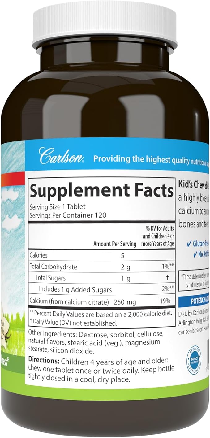 Carlson - Kid's Chewable Calcium 250 mg Highly Absorbable Bone &amp Teeth Support Optimal Wellness Natural Vanilla Flavor 120 Tablets