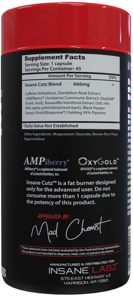Insane Labz Insane Cutz Intense Fat Burner for Men and Women Thermogenic Weight Loss Supplement with Dandelion Root Extract Fueled by AMPiberry Appetite Suppressant - 45 Daily Srvgs (45 Capsules)