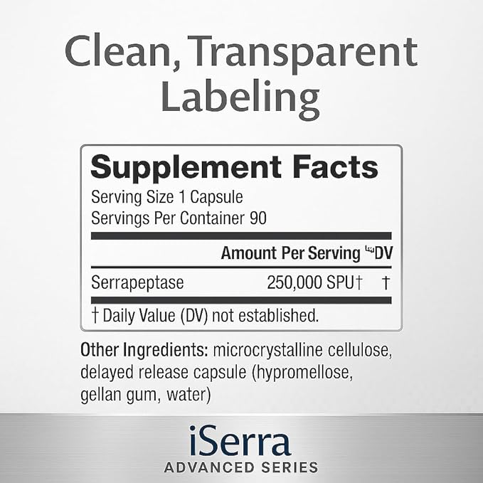 iSerra Advanced Series Serrapeptase 250000 SPU Per Capsule (500000 SPU per 2 Caps) | Maximum Strength 12× Potent Serratiopeptidase | 90 Delayed-Release Vegan Capsules | Ultra-Pure Non-GMO Enzyme