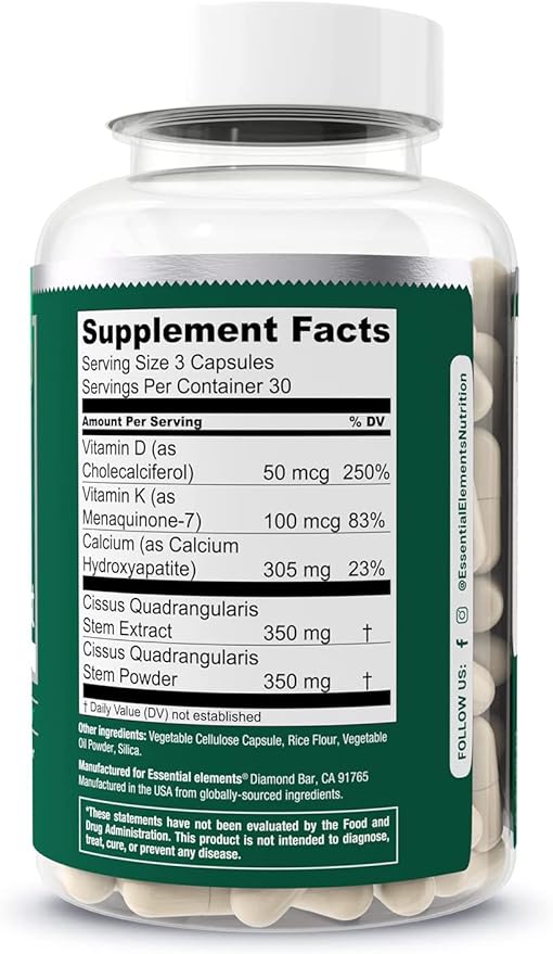 Essential Elements Bone Boost Bone Health Supplement - Bone Support and Calcium Supplement with Vitamin D 3 K2 Cissus Quadrangularis for Bone Strength - 90 Capsules (30 Day Supply)