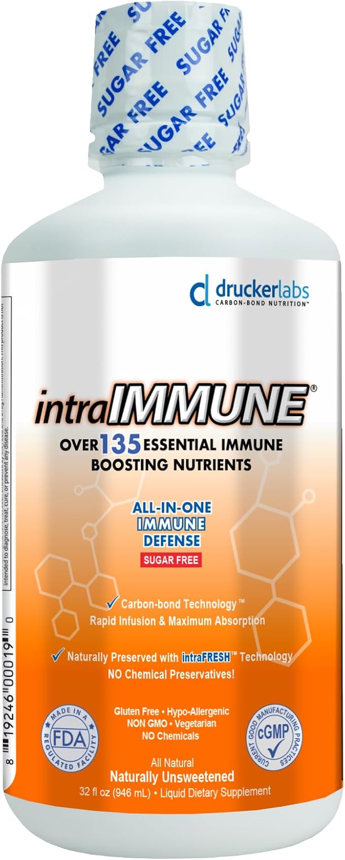 Drucker Labs -intraIMMUNE Organic Liquid Daily Immune &amp Defense Support Multivitamin Elderberry Echinacea Zinc Vitamin D C E Vegan Non GMO Gluten Free (32 oz. Sugar Free Peach Berry)
