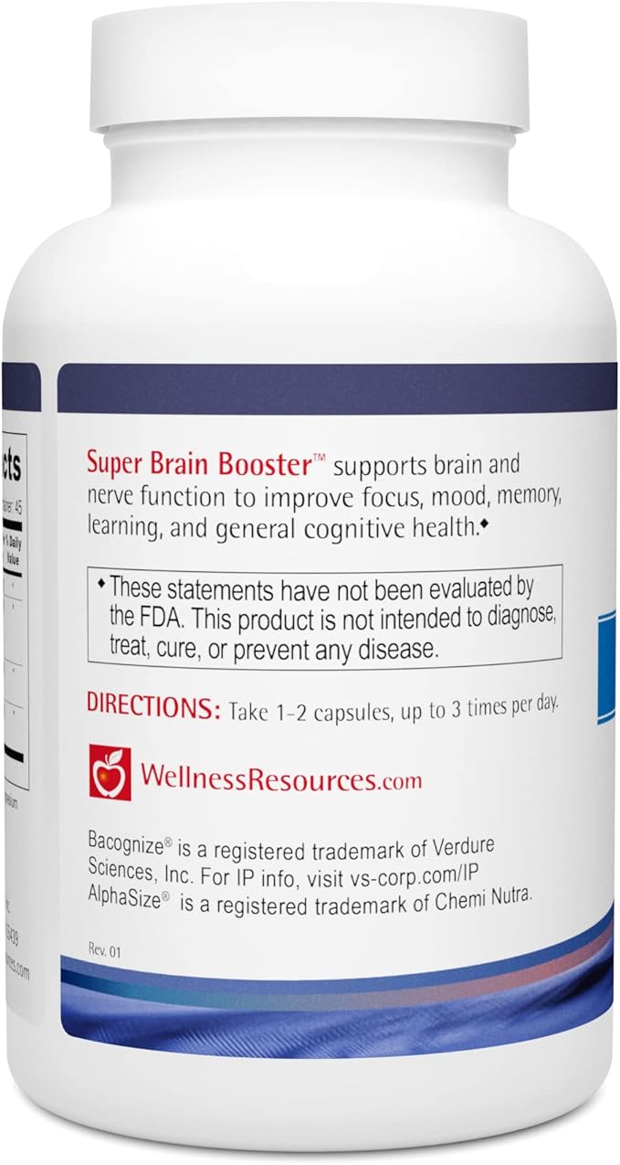 Wellness Resources Super Brain Booster with Phosphatidylserine N-Acetyl Tyrosine Alpha GPC and Bacopa for Mental Clarity Focus and Memory (90 Capsules)