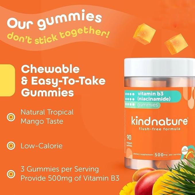 kindnature Vitamin B3 Niacinamide Gummies 500mg – Flush-Free Niacin Supplement – Supports Skin Energy &amp Nervous System Wellness – Vegan Non-GMO Gluten-Free Soy-Free – 90 Gummies