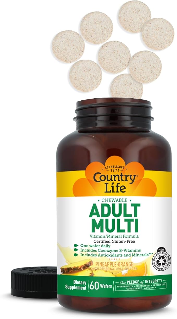 Country Life Adult Chewable Multivitamin with Coenzyme B-Vitamins Antioxidants Minerals Pineapple-Orange Flavor - Supports Energy Metabolism and Immune Health Gluten Free - 60 Wafers