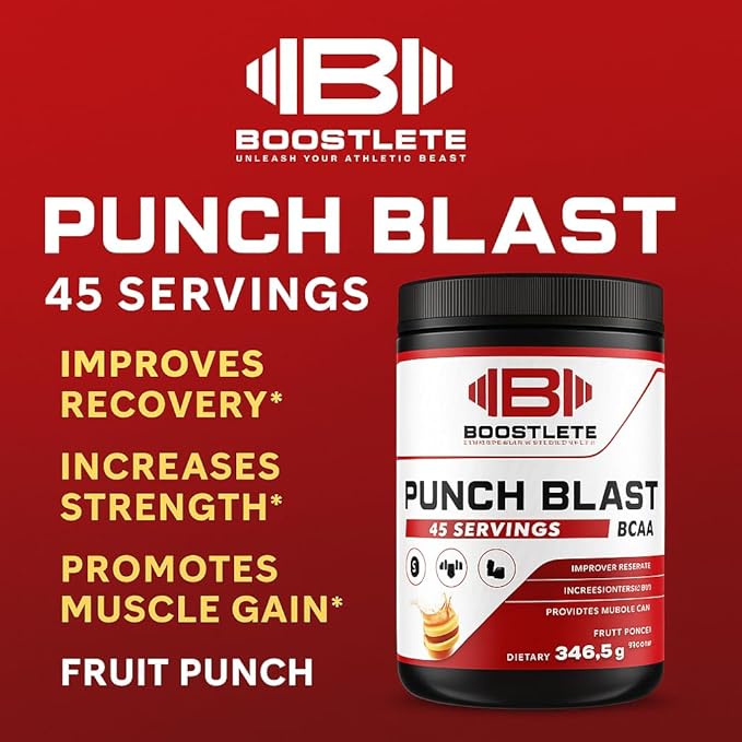 Punch Blast BCAA Powder – Fruit Punch Flavor – Intra Workout Amino Acids with Glutamine &amp Vitamin B6 – 45 Servings – Muscle Recovery &amp Strength Support Supplement
