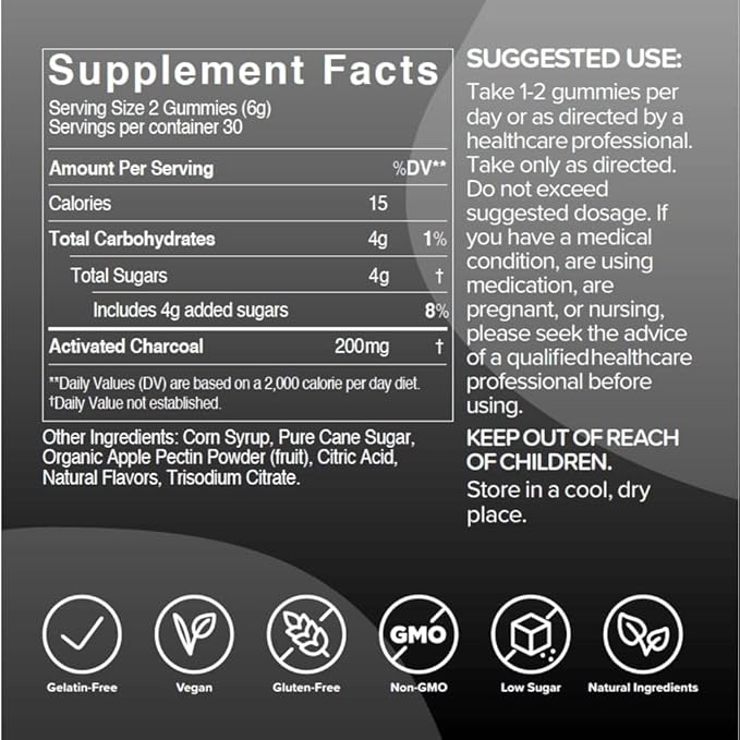 Gumi Nutrition Coconut Activated Charcoal Gummies - Charcoal Supplements for Detox Oral Health &amp Gut Health - 200mg Gummy Vitamin - Gluten Free Vegan &amp Non GMO - Natural Açaí Flavor (60 Coun