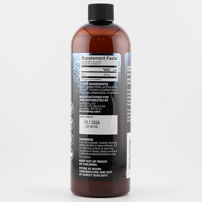 Bucklebury Silver Solution Liquid 30ppm - pH Balanced Natural Alkaline Structured Colloidal Silver Liquid for Immune Support &amp Overall Health - Gluten Free Colloidal Drops for Adults &amp Pets -