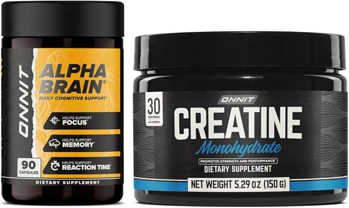 ONNIT Cognitive &amp Strength Performance Bundle: Alpha Brain Nootropic Capsules (90 Count) + Creatine Monohydrate Powder (30 Servings) IGEN Non-GMO Tested Focus Strength &amp Lean Muscle – Pack o