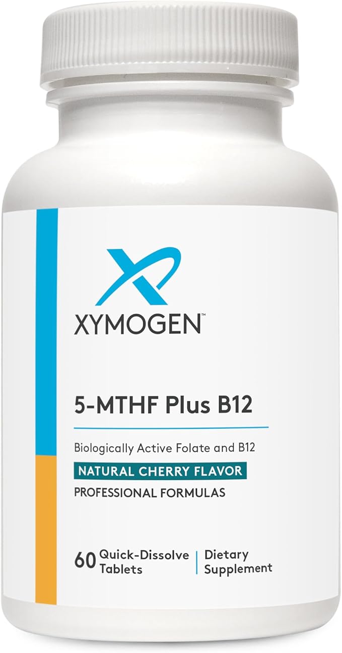 XYMOGEN 5-MTHF Plus B12 - Biologically Active Folate + Methyl B12 (Methylcobalamin) to Support Methylation and Nervous System Health - Great-Tasting Cherry Flavor (60 Quick-Dissolve Tablets)