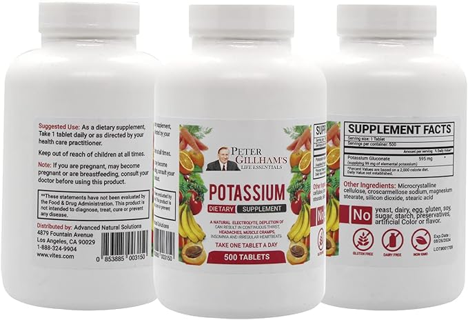 Peter Gillham’s Life Essentials Potassium Gluconate tablets 595mg 500 Tablets Support Electrolyte Balance Made in USA (Package May Vary)