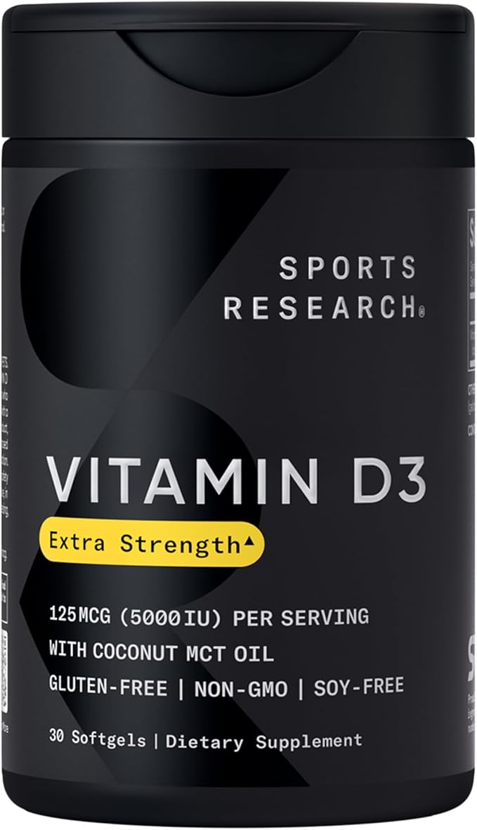 Sports Research Body Wellness Pack - Triple Strength Omega-3 Fish Oil 1250mg from Wild Alaska Pollock Vitamin D3 5000 IU with Coconut MCT Oil (125mcg) and Vegan Biotin 5000mcg Vitamin B7
