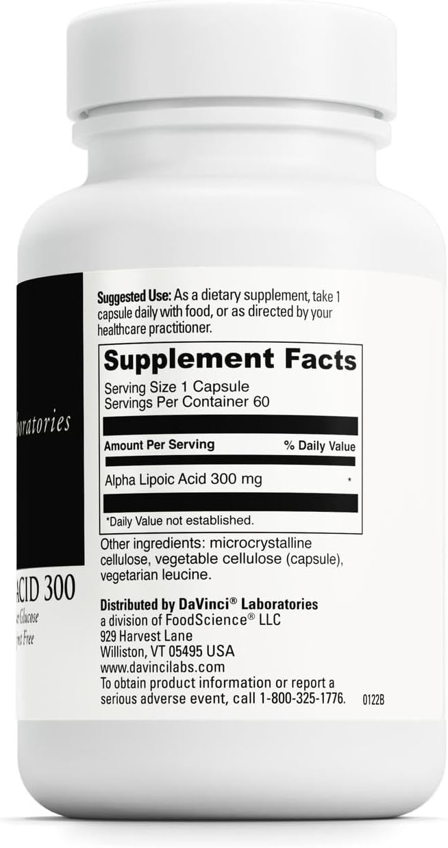 DAVINCI Labs Alpha Lipoic Acid 300 - Dietary Supplement to Support Metabolism and Healthy Collagen Levels - with 300 mg Alpha Lipoic Acid per Capsule - Gluten-Free - 60 Vegetarian Capsules