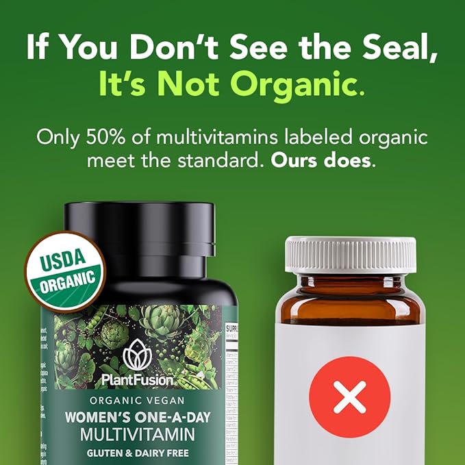 PlantFusion Organic Multivitamin for Women with Iron One Daily Vegan Multivitamin with Plant Based B12 D3 &amp Whole Food Blend for Energy &amp Immune Support - 30 Tablets (1 Month Supply)