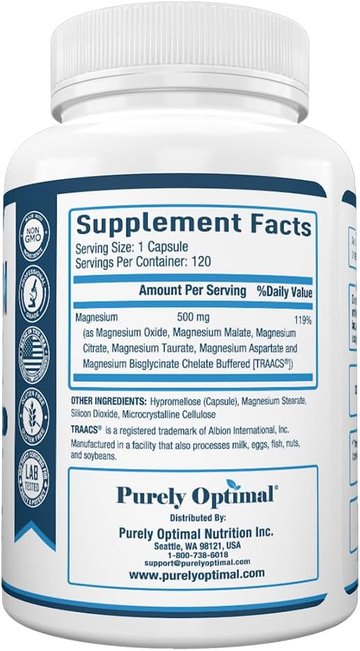 Purely Optimal Magnesium Complex - 6 Forms Magnesium Glycinate Citrate &amp Malate - Sleep Support Stress Relief Muscles Heart Health &amp Relaxation - Magnesium Supplement for Women &amp Men